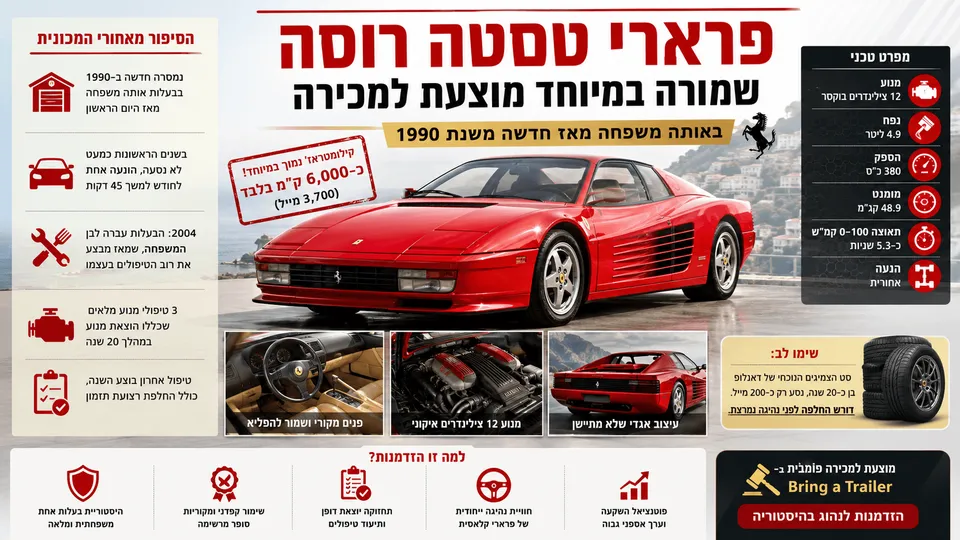פרארי טסטה רוסה אדומה משנת 1990 במצב שמור במיוחד, לצד תמונות תא הנוסעים, מנוע 12 הצילינדרים ופרטי התחזוקה, עם הדגשה של כ-3,700 מייל בלבד ובעלות משפחתית רציפה מאז שהמכונית הייתה חדשה.