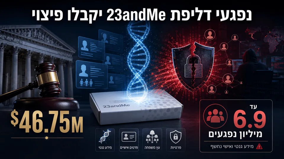 אינפוגרפיקה חדשותית על פרצת המידע ב-23andMe, עם ערכת בדיקת DNA, סליל גנטי, סמל אבטחה שבור, בית משפט וסכום פיצוי של 46.75 מיליון דולר.