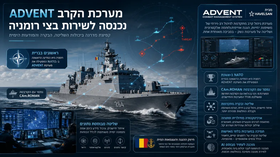 אינפוגרפיקה המציגה קורבטה של הצי הרומני עם מערכת ניהול הקרב ADVENT, מסכי שליטה ימיים, מפת איומים, סמלי נאט"ו ו-HAVELSAN.