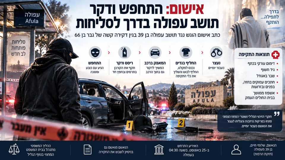 זירת דקירה בעפולה לצד רכב, סרט משטרה ודמות מוסווית.