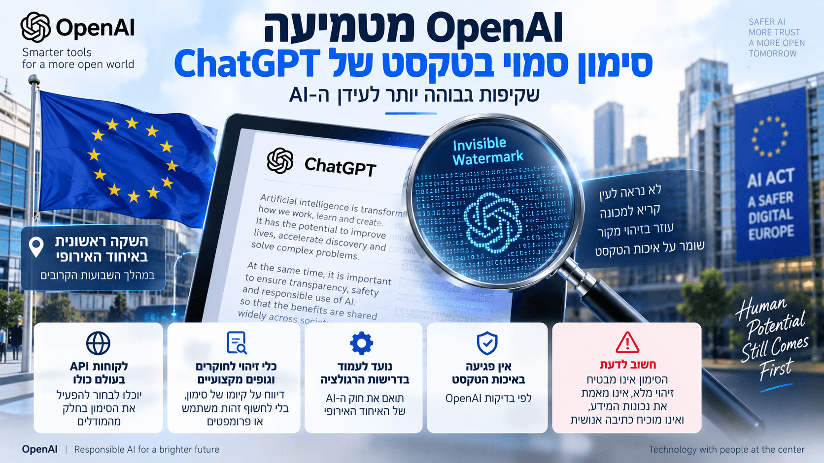 טקסט של ChatGPT לצד זכוכית מגדלת החושפת סימון מים סמוי ודגל האיחוד האירופי.