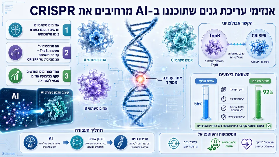 אנזימי TnpB סינתטיים שתוכננו בבינה מלאכותית לצד סליל DNA והמחשה של עריכת גנים מדויקת.