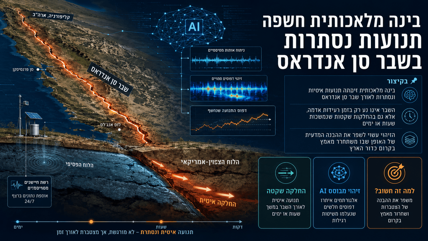תמונה חדשותית־מדעית המציגה מפת תלת־ממד של קליפורניה עם קו שבר סן אנדראס מודגש, שכבות נתונים סייסמיים, סמל בינה מלאכותית וחתך גיאולוגי של תנועת הלוחות, לצד הסברים בעברית על החלקות איטיות ונסתרות שנחשפו באמצעות ניתוח AI.
