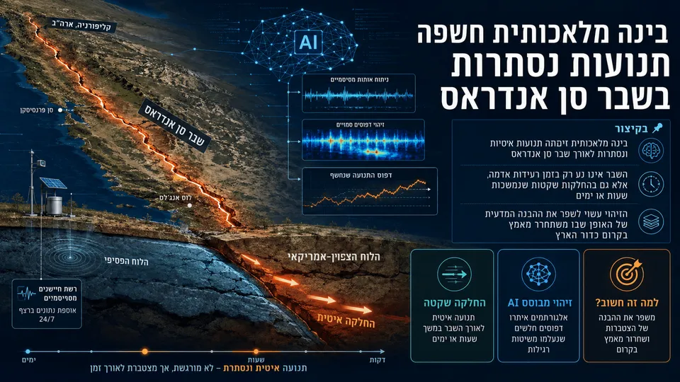 תמונה חדשותית־מדעית המציגה מפת תלת־ממד של קליפורניה עם קו שבר סן אנדראס מודגש, שכבות נתונים סייסמיים, סמל בינה מלאכותית וחתך גיאולוגי של תנועת הלוחות, לצד הסברים בעברית על החלקות איטיות ונסתרות שנחשפו באמצעות ניתוח AI.
