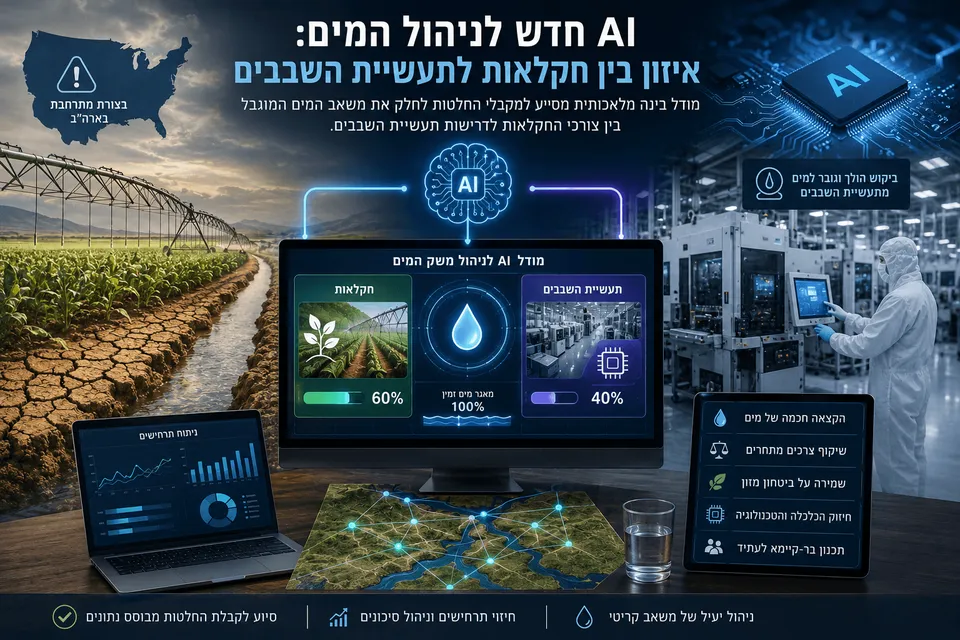 המחשה חדשותית של מודל בינה מלאכותית לניהול משאבי מים בארצות הברית. בצד אחד נראים שדות חקלאיים המתמודדים עם בצורת והשקיה מוגבלת, ובצד השני מפעל מתקדם לייצור שבבים. במרכז מוצגת מערכת AI המחלקת את מאגר המים בין החקלאות לתעשיית המוליכים למחצה ומנתחת תרחישי מחסור.