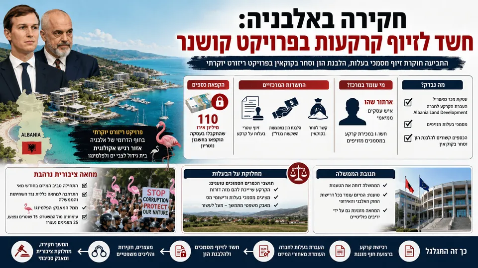 פרויקט נופש בחופי אלבניה לצד מסמכי קרקע, כסף מוקפא ומחאה ציבורית בחשד לזיוף והלבנת הון.