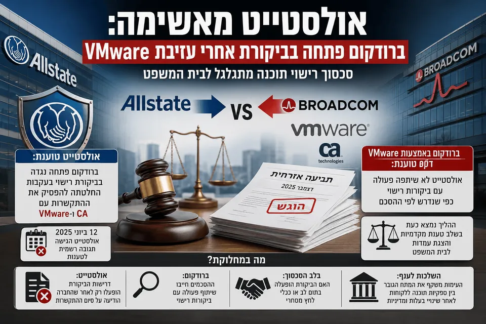 תמונה חדשותית־משפטית המציגה עימות תאגידי בין Allstate לבין Broadcom ו־VMware, עם מסמכי תביעה אזרחית, פטיש משפטי, מאזניים וסמלי החברות, לצד שכבות מידע בעברית על ביקורת רישוי תוכנה, עזיבת VMware ו־CA Technologies, וטענות הצדדים בהליך המסחרי.