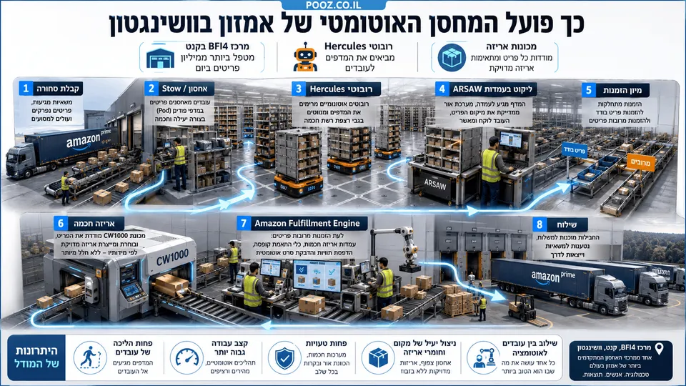 אינפוגרפיקה המציגה את מרכז המימוש האוטומטי BFI4 של אמזון בקנט, וושינגטון, עם רובוטי Hercules שמובילים מדפי מלאי לעובדים, עמדות ליקוט ARSAW, מסועים ומכונת האריזה CW1000. התרשים מציג את מסלול הפריט מהקליטה והאחסון ועד האריזה והעמסת החבילות למשלוח.