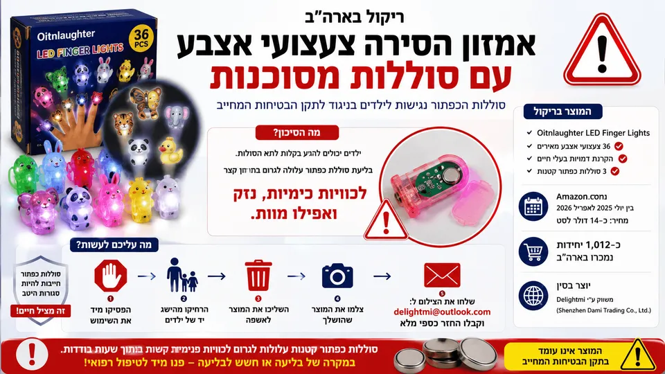 צעצועי אצבע מאירים שנמכרו באמזון לצד סוללות כפתור ואזהרת בטיחות לילדים.