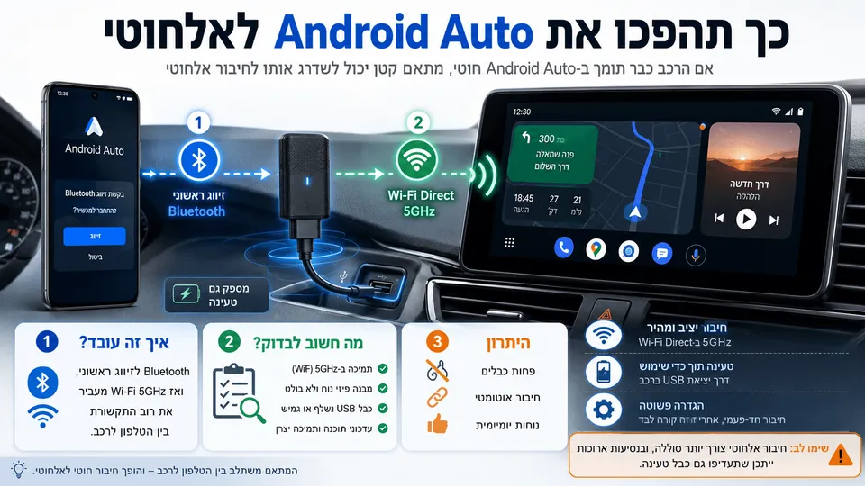 הדמיה חדשותית המציגה מערכת מולטימדיה ברכב עם Android Auto אלחוטי, סמארטפון, חיבור USB ומתאם ייעודי, לצד המחשה של קישור Bluetooth ו-Wi-Fi לשדרוג מחיבור חוטי לאלחוטי.