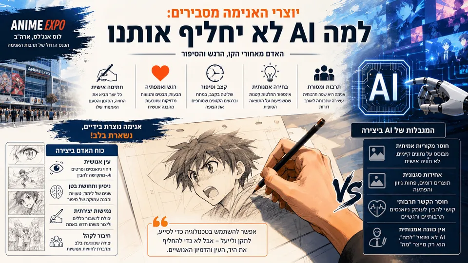 אמן מצייר דמות אנימה ביד מול מערכת AI, בהמחשת המאבק על יצירתיות, רגש וסגנון אישי.