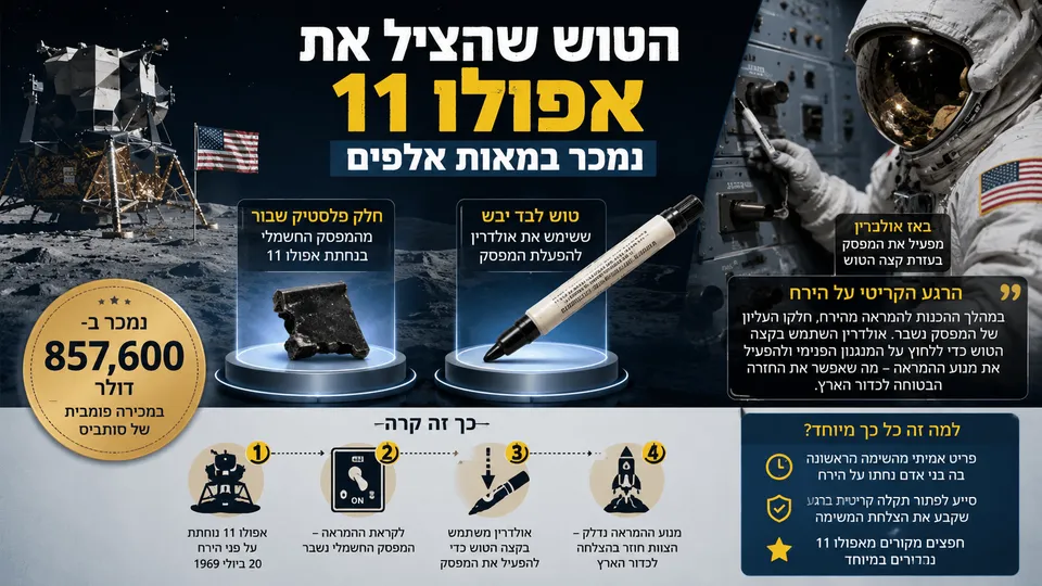 טוש הלבד ששימש את באז אולדרין להפעלת מפסק שבור בנחתת אפולו 11, לצד חלק הפלסטיק שנמכר עמו.