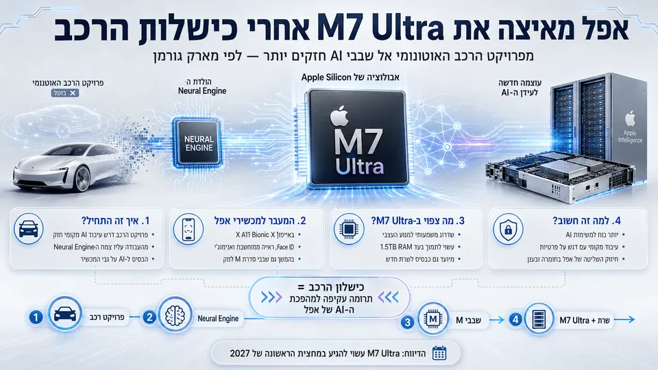 המחשה של שבב Apple M7 Ultra לצד Neural Engine, שרת AI ורכב אוטונומי שנגנז, על רקע האצת פיתוח שבבי הבינה המלאכותית של אפל.
