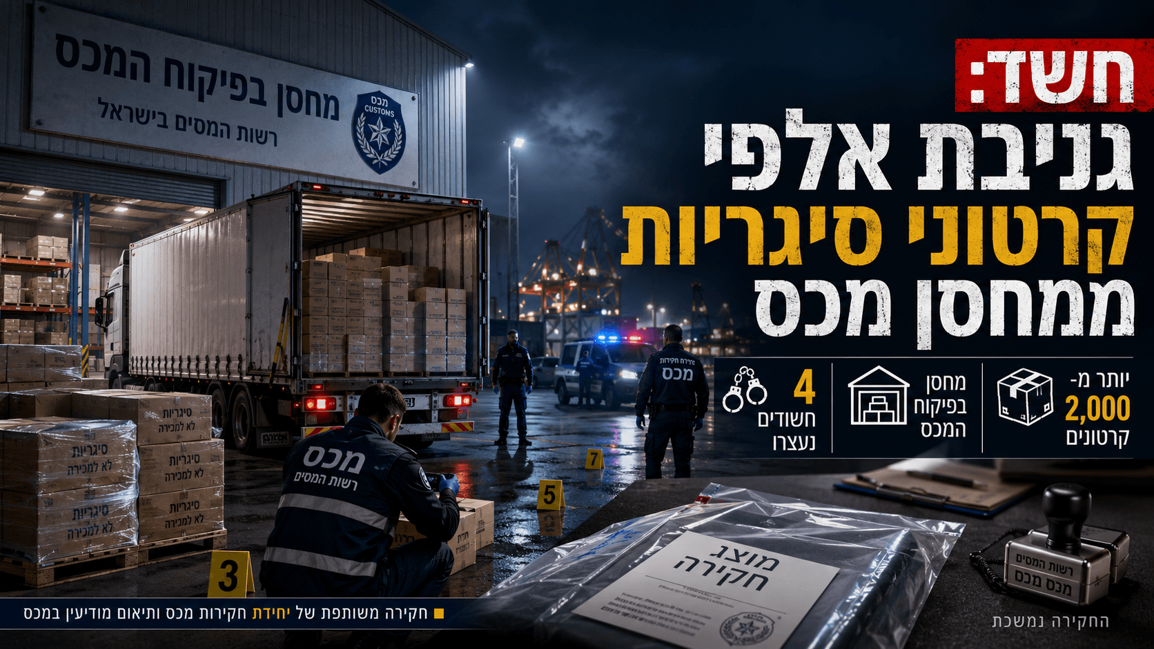 מחסן בפיקוח המכס באזור נמל אשדוד בלילה, עם משאית עמוסת קרטונים, חוקרי מכס ומשטרה, סימוני זירה, אריזות ראיות וכותרת בעברית על חשד לגניבת אלפי קרטוני סיגריות.