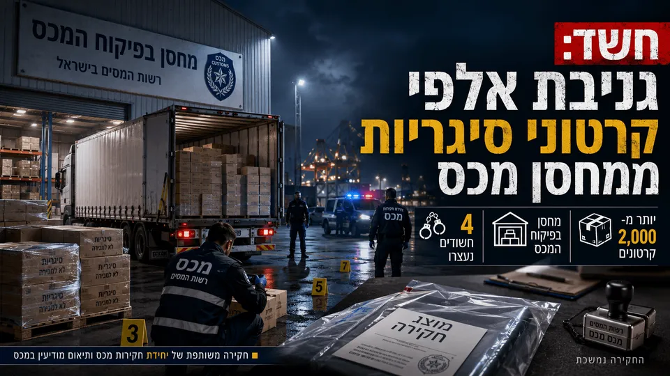 מחסן בפיקוח המכס באזור נמל אשדוד בלילה, עם משאית עמוסת קרטונים, חוקרי מכס ומשטרה, סימוני זירה, אריזות ראיות וכותרת בעברית על חשד לגניבת אלפי קרטוני סיגריות.