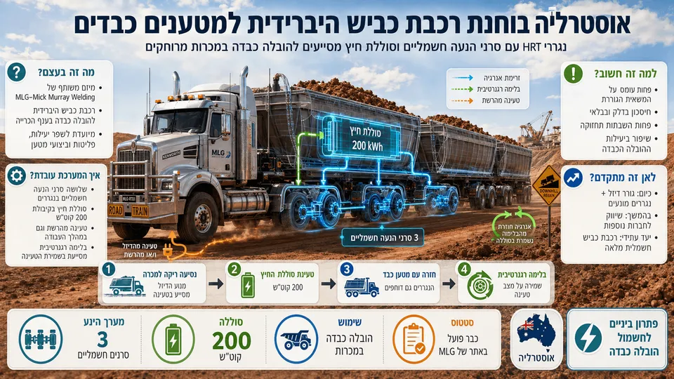 רכבת כביש היברידית באוסטרליה עם נגררים מונעים, שלושה סרנים חשמליים וסוללת חיץ להובלה כבדה במכרות.