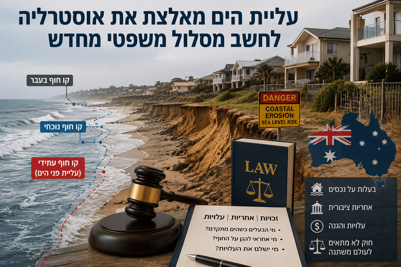 קו חוף באוסטרליה שנשחק בעקבות עליית פני הים, עם בתים סמוכים למצוק מתפורר וסימון של קו החוף בעבר, בהווה ובעתיד. בחזית מופיעים פטיש שופט, ספר חוק ומפת אוסטרליה, הממחישים את המחלוקות סביב זכויות קניין, אחריות ציבורית ועלויות ההגנה על נכסים.