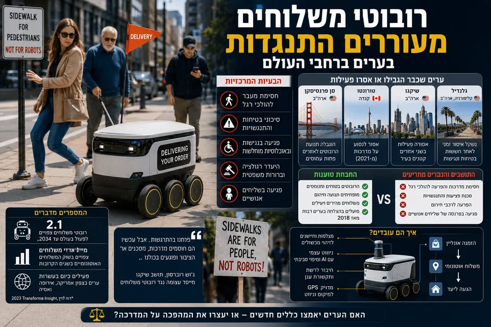 רובוט משלוחים אוטונומי נוסע על מדרכה עירונית לצד הולכי רגל, שלטי התנגדות ואינפוגרפיקה על בטיחות ורגולציה.