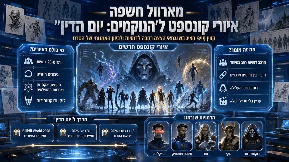 איורי קונספט ל״הנוקמים: יום הדין״ עם דוקטור דום, תור, לוקי, סייקלופס ומיסטר פנטסטיק.
