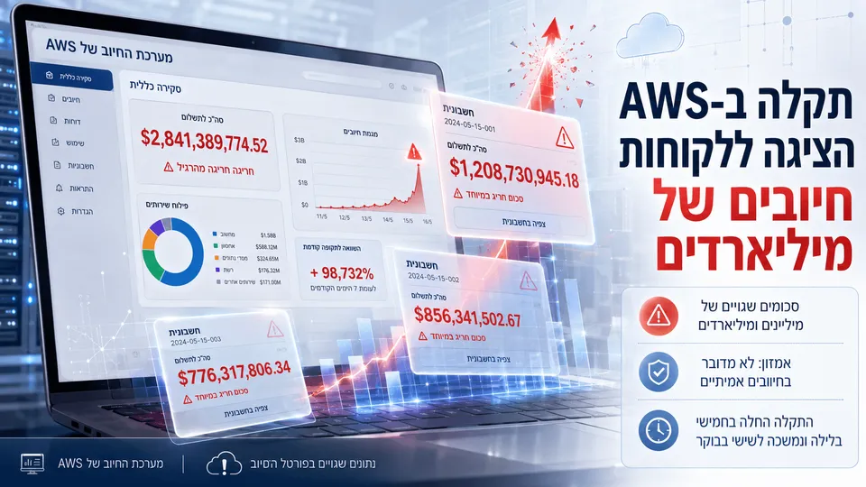 פורטל החיוב של AWS מציג בטעות חשבונות של מיליוני ומיליארדי דולרים לצד התראת תקלה.