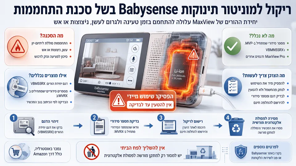 המחשה של ריקול למוניטור Babysense MaxView בעקבות סכנת התחממות סוללת הליתיום בזמן טעינה.