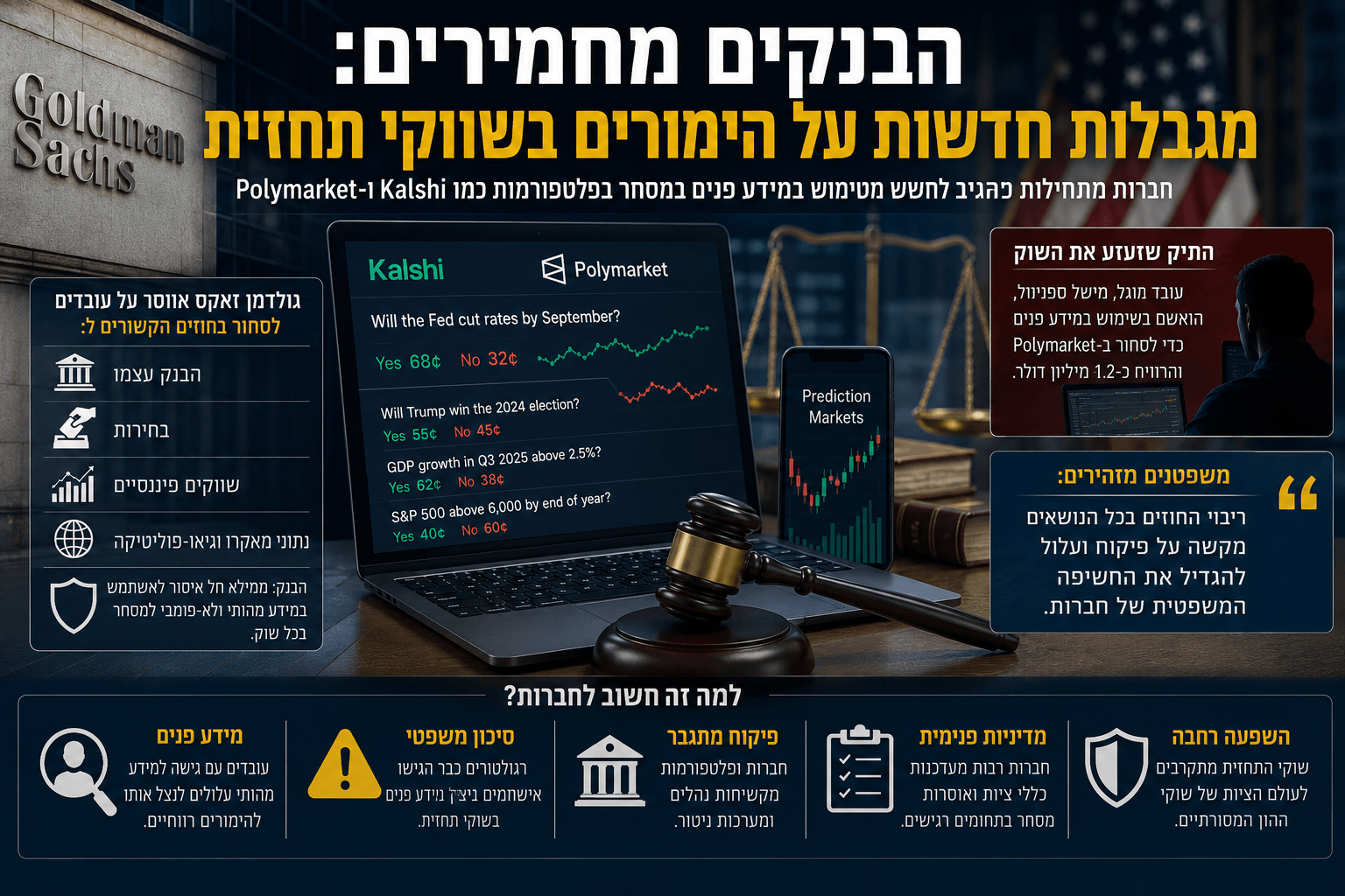 תמונה חדשותית־פיננסית המציגה מחשב עם פלטפורמות שוקי תחזית כמו Kalshi ו־Polymarket, סמל Goldman Sachs, פטיש משפטי, מאזניים וגרפים פיננסיים, לצד שכבות מידע בעברית על מגבלות חדשות לעובדים, חשש משימוש במידע פנים והקשחת נהלי ציות בבנקים ובחברות אמריקאיות.