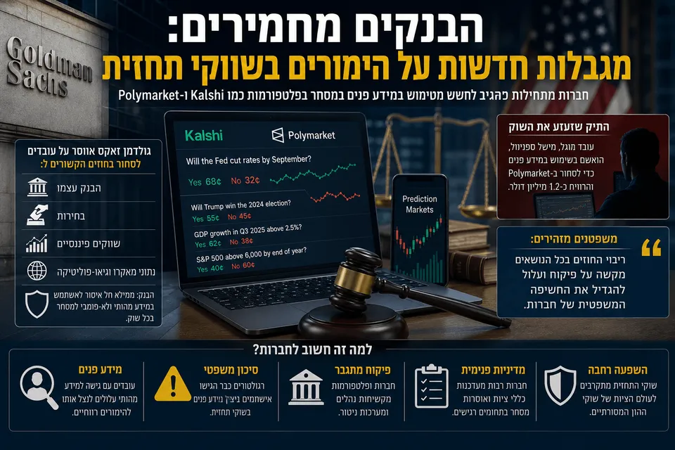 תמונה חדשותית־פיננסית המציגה מחשב עם פלטפורמות שוקי תחזית כמו Kalshi ו־Polymarket, סמל Goldman Sachs, פטיש משפטי, מאזניים וגרפים פיננסיים, לצד שכבות מידע בעברית על מגבלות חדשות לעובדים, חשש משימוש במידע פנים והקשחת נהלי ציות בבנקים ובחברות אמריקאיות.