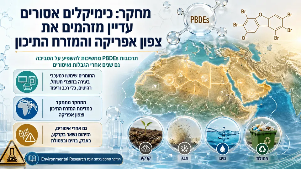 מפת המזרח הbanned-pbde-chemicals-pollution-middle-east-north-africaתיכון וצפון אפריקה לצד מולקולות PBDEs והמחשה של זיהום מתמשך בקרקע, באבק, במים ובפסולת.
