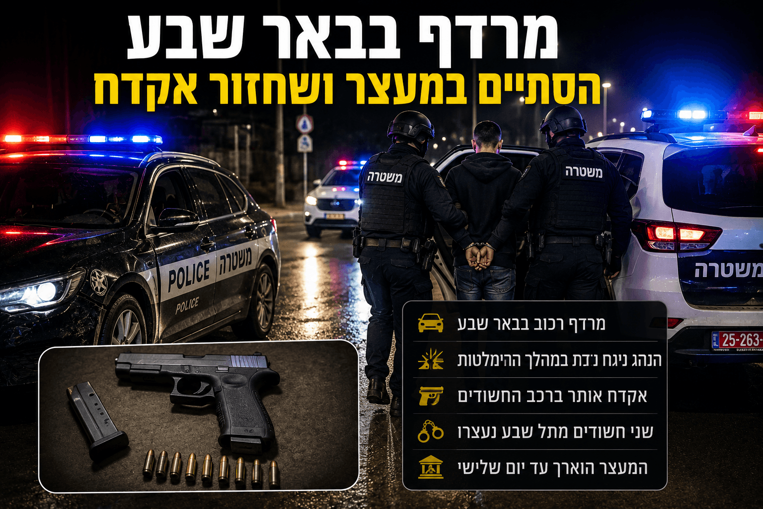 זירת מעצר לילית בבאר שבע לאחר מרדף משטרתי. בתמונה נראים שוטרים מלווים חשוד אזוק בין ניידות משטרה עם אורות מהבהבים, לצד המחשה של אקדח ותחמושת שנתפסו במהלך החיפוש ברכב. האווירה מדגישה את פעילות האכיפה נגד החזקת נשק בלתי חוקי בנגב.