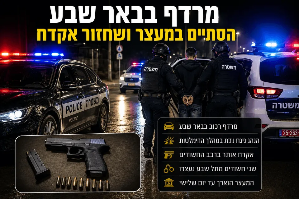 זירת מעצר לילית בבאר שבע לאחר מרדף משטרתי. בתמונה נראים שוטרים מלווים חשוד אזוק בין ניידות משטרה עם אורות מהבהבים, לצד המחשה של אקדח ותחמושת שנתפסו במהלך החיפוש ברכב. האווירה מדגישה את פעילות האכיפה נגד החזקת נשק בלתי חוקי בנגב.