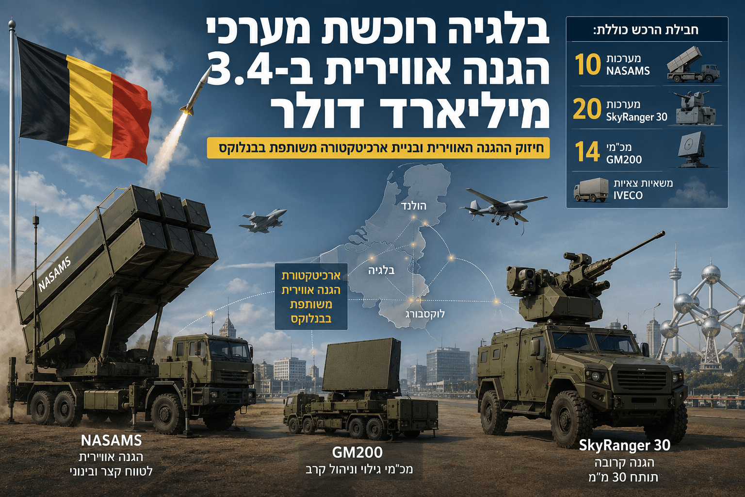 תמונה חדשותית המציגה את רכש ההגנה האווירית של בלגיה, עם משגר NASAMS, מערכת SkyRanger 30, מכ״ם GM200, דגל בלגיה ומפת בנלוקס המדגישה שיתוף פעולה אזורי עם הולנד.