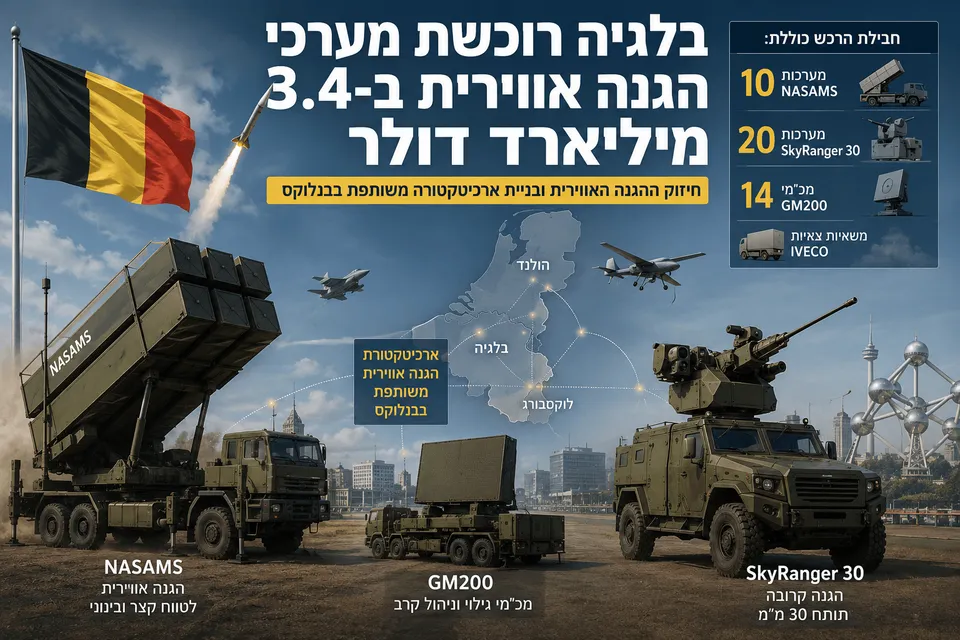 תמונה חדשותית המציגה את רכש ההגנה האווירית של בלגיה, עם משגר NASAMS, מערכת SkyRanger 30, מכ״ם GM200, דגל בלגיה ומפת בנלוקס המדגישה שיתוף פעולה אזורי עם הולנד.