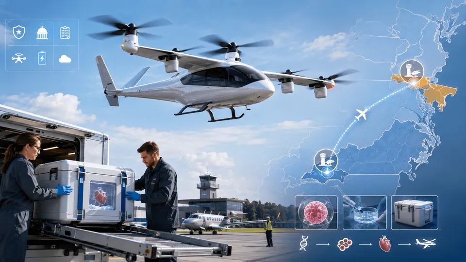 כלי טיס חשמלי של Beta Technologies טס מעל שדה תעופה בזמן שצוות רפואי מעמיס מכל קירור ובו איבר שיוצר במעבדה. ברקע מופיעה מפת מסלול בין מרילנד לווירג'יניה, המדגישה את השימוש בתעופה חשמלית להובלה רפואית במסגרת תוכנית הניסוי הפדרלית של ארה״ב.