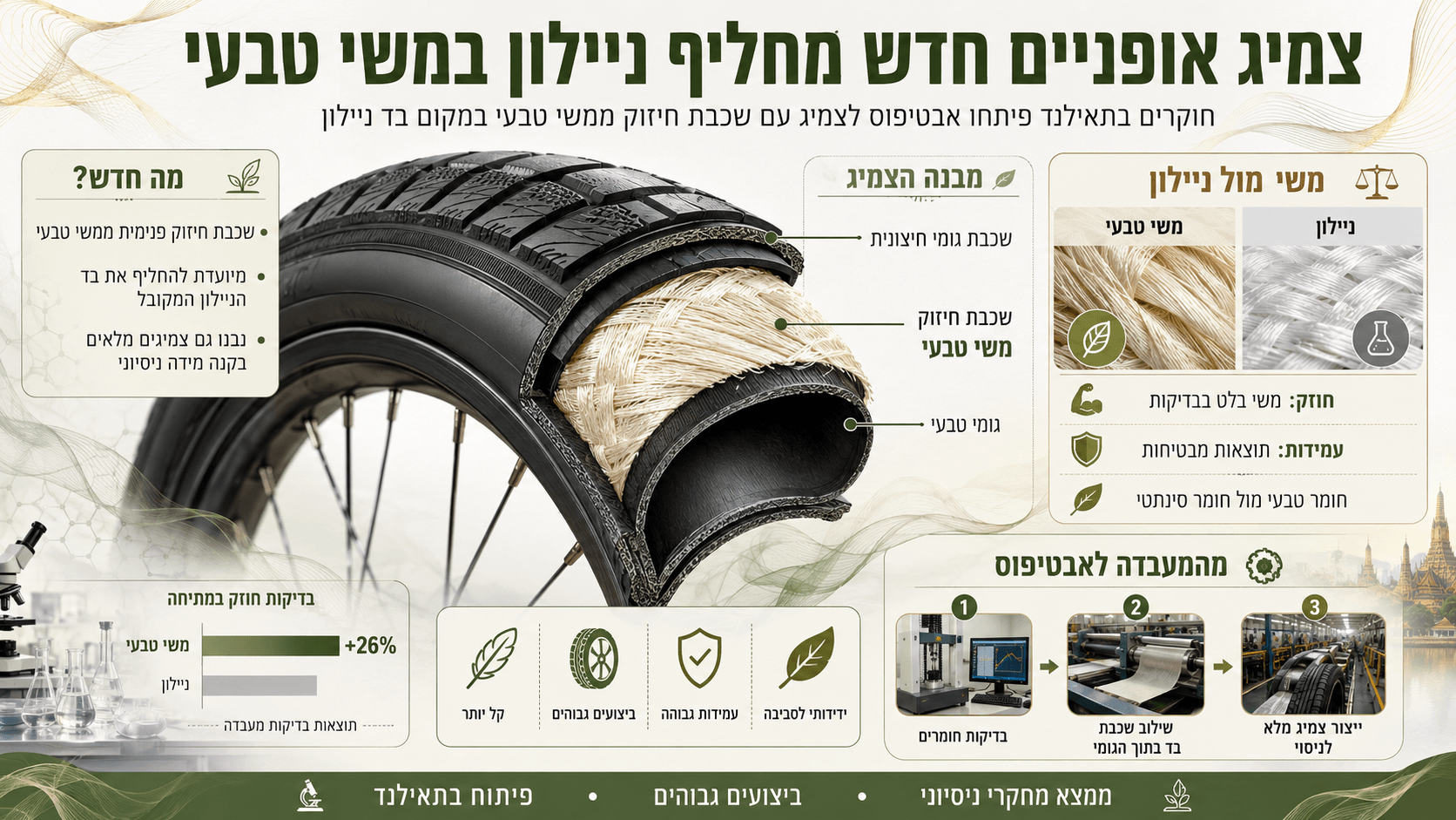 חתך של צמיג אופניים ניסיוני המציג שכבת חיזוק ממשי טבעי במקום בד ניילון סינתטי.