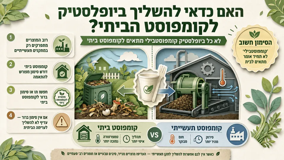 השוואה בין קומפוסט ביתי לקומפוסט תעשייתי, עם מוצר ביופלסטיק והדגשת הצורך בסימון התאמה ברור.