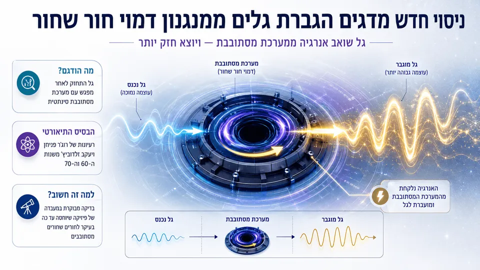 הדמיה של גל הנכנס למערכת מסתובבת דמוית חור שחור ויוצא ממנה בעוצמה גבוהה יותר.