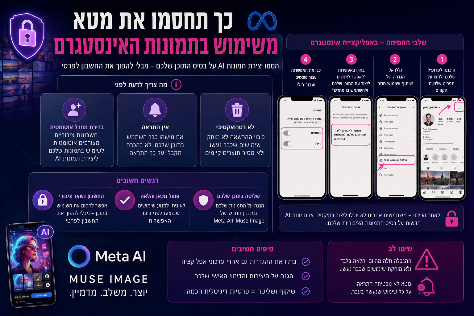 תמונה מערכתית בסגנון מדריך דיגיטלי המציגה מסכי אינסטגרם, סמלי פרטיות, Meta AI ו־Muse Image, עם הדגשה של השלבים לחסימת שימוש בתמונות ציבוריות של משתמשים לצורכי יצירת תמונות AI.