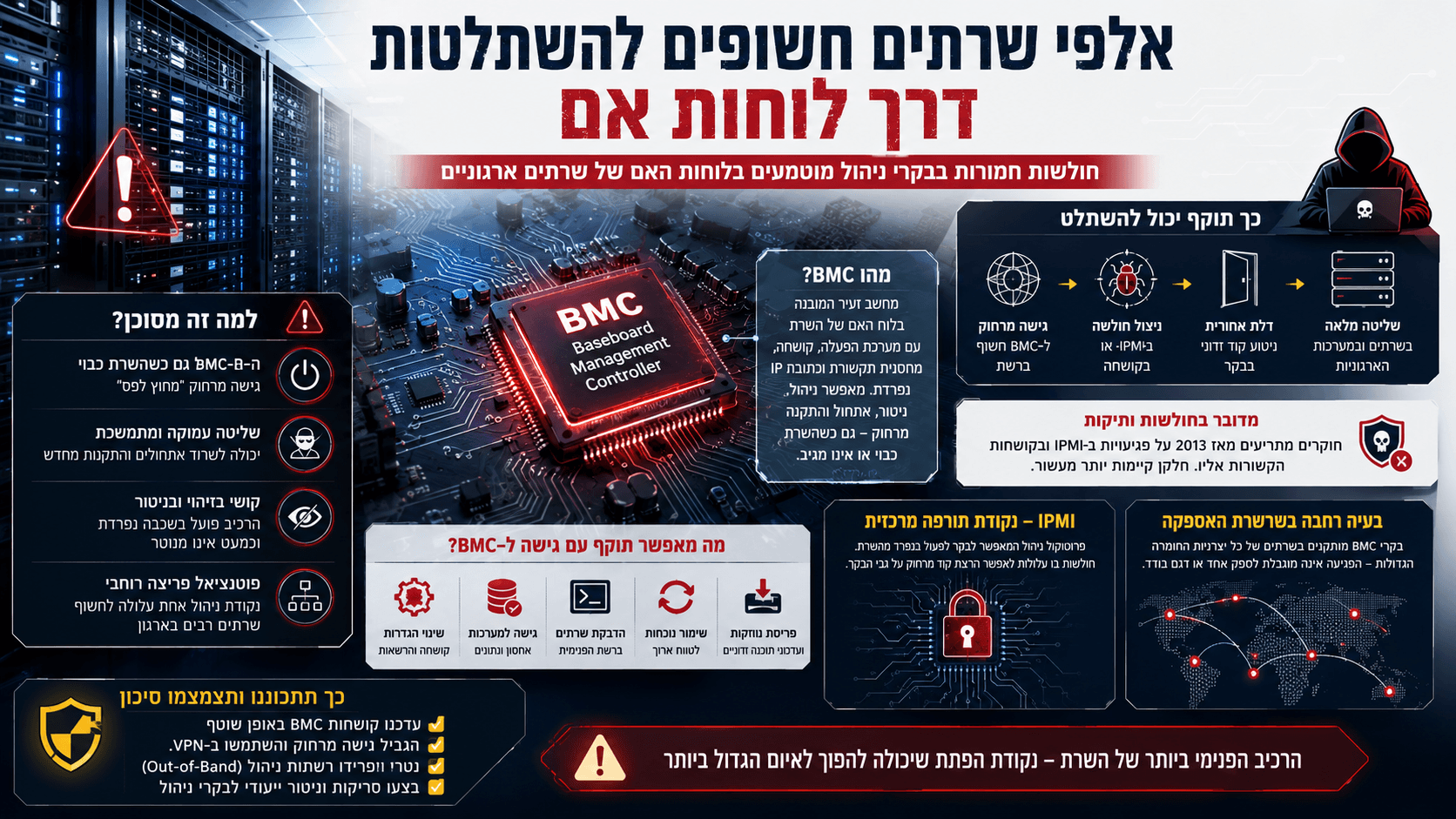 אינפוגרפיקה המציגה אזהרת אבטחת סייבר על חולשות בבקרי ניהול BMC בלוחות אם של שרתים ארגוניים. במרכז נראה שבב BMC על לוח אם, לצד ארונות שרתים, האקר, תרשים תקיפה דרך IPMI, הסבר על סיכוני דלת אחורית והמלצות להגנה ולעדכון קושחה בסביבות ארגוניות.