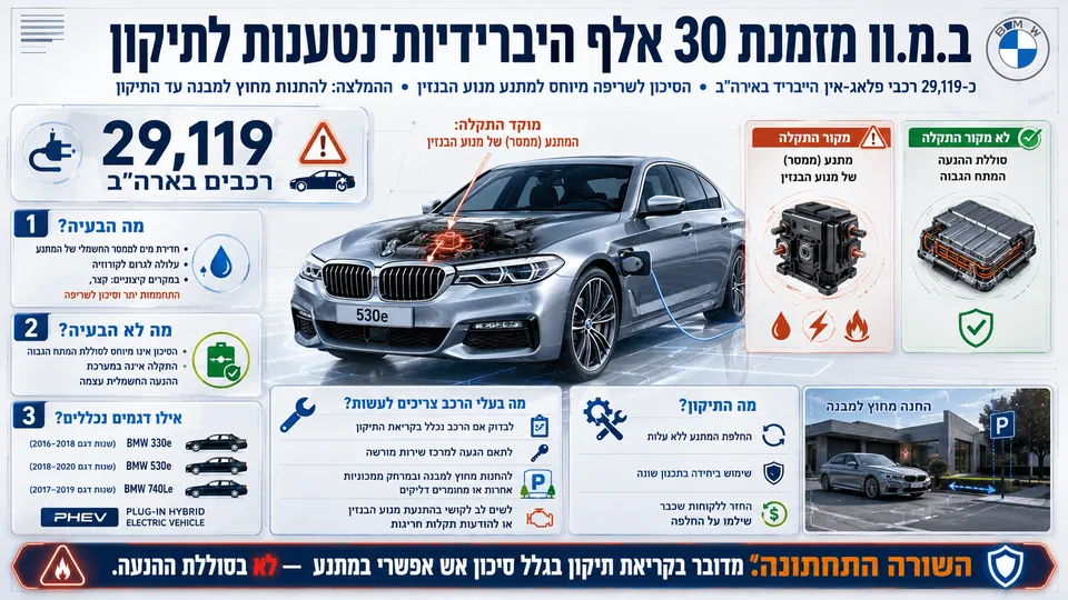 ונגישות: ב.מ.וו מבצעת קריאת תיקון לכ־29 אלף מכוניות פלאג־אין הייבריד בארה״ב בשל סיכון לשריפה שמקורו במתנע מנוע הבנזין.