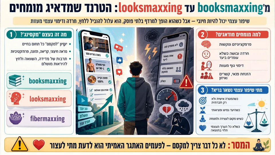צעיר ניצב בין שיפור עצמי מאוזן לבין לחץ, השוואה ופרפקציוניזם הנלווים לטרנד המקסינג ברשתות.