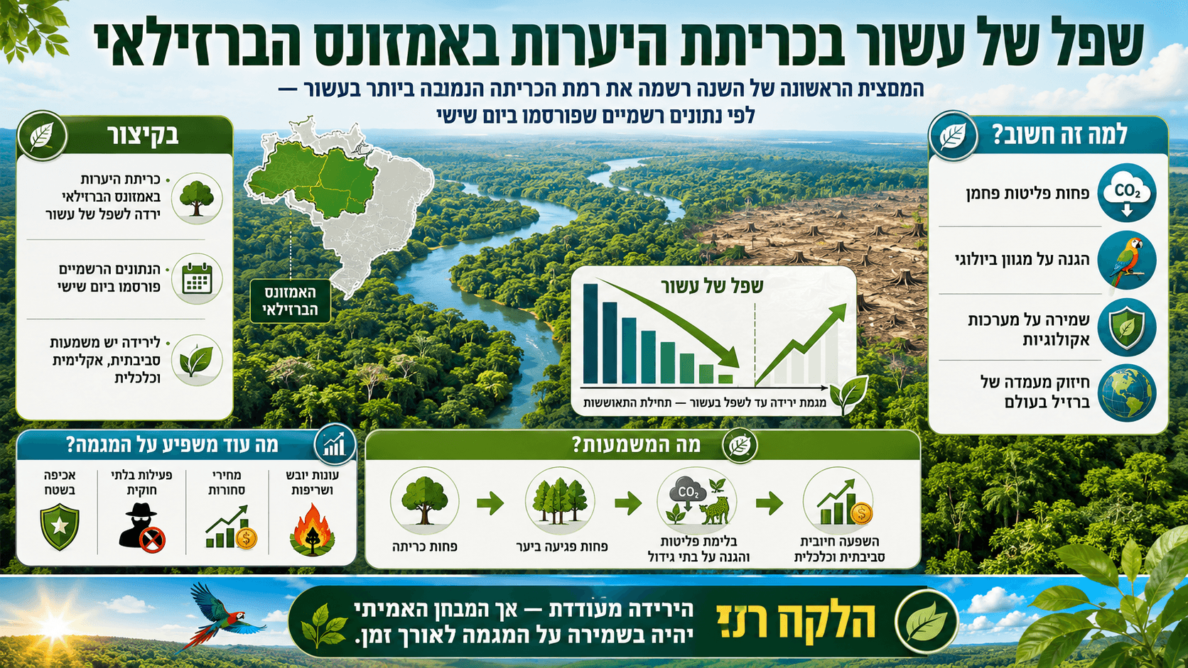 יער האמזונס הברזילאי לצד גרף הממחיש ירידה בכריתת היערות לשפל של עשור.