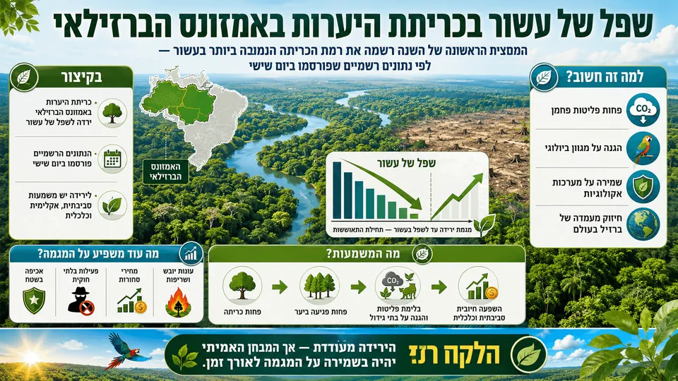 יער האמזונס הברזילאי לצד גרף הממחיש ירידה בכריתת היערות לשפל של עשור.