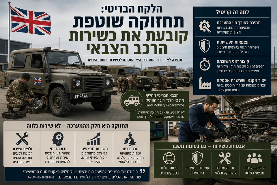 תמונה חדשותית־ביטחונית המציגה חיילים וטכנאים בריטים מטפלים ברכבי Land Rover צבאיים, לצד דגל בריטניה, מוסך תחזוקה ושכבות מידע בעברית על תוכנית Land Mobility Programme, תמיכה לאורך חיי המערכת, חלפים, שרשרת אספקה וייצור מקומי.