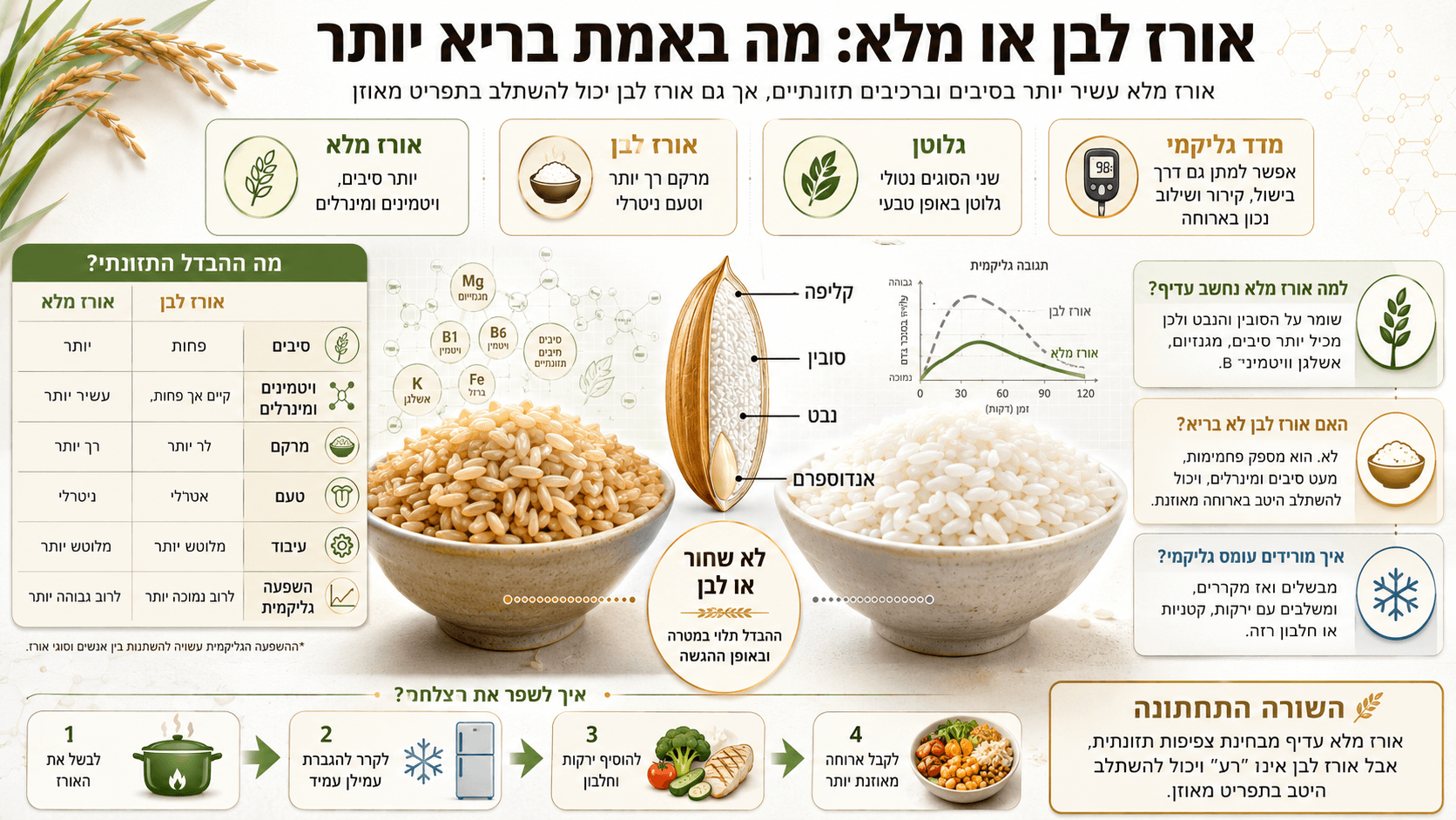 השוואה בין אורז מלא לאורז לבן, כולל סיבים, ערכים תזונתיים, השפעה גליקמית ודרכים לשלב אורז בארוחה מאוזנת.
