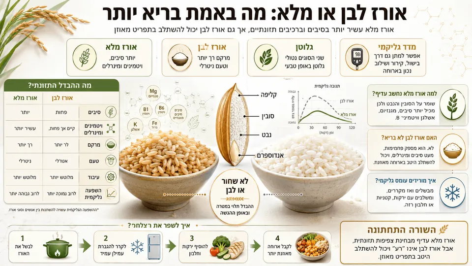 השוואה בין אורז מלא לאורז לבן, כולל סיבים, ערכים תזונתיים, השפעה גליקמית ודרכים לשלב אורז בארוחה מאוזנת.