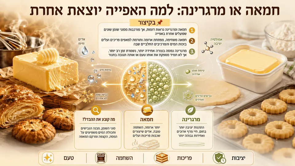חמאה ומרגרינה לצד מאפים, עוגיות ובצק עלים, בהמחשת ההבדלים בטעם, בהשחמה ובמרקם.