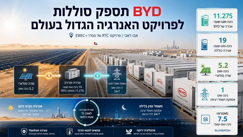 המחשה חדשותית של פרויקט האנרגיה RTC באבו דאבי, הכולל שדה סולארי רחב ומערך ענק של מכולות אגירת חשמל מתוצרת BYD. בתמונה מוצגים זרימת האנרגיה מהפאנלים אל הסוללות ומשם לרשת החשמל, אספקה רציפה ביום ובלילה, קיבולת אגירה כוללת של 19 גיגה־ואט־שעה וחלקה של BYD בהיקף 11.275 גיגה־ואט־שעה.