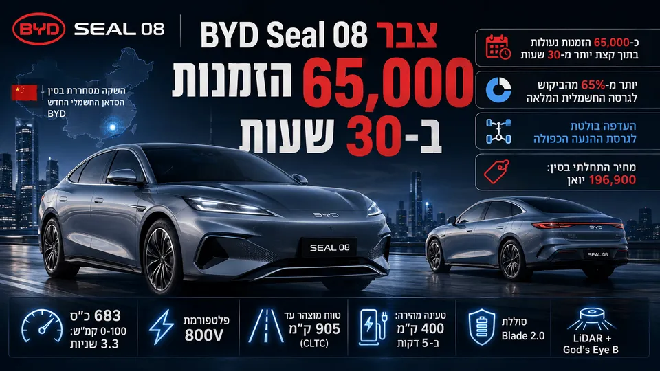 אינפוגרפיקה חדשותית המציגה את BYD Seal 08 בסין, עם סדאן חשמלית יוקרתית, מפת סין, נתון של 65,000 הזמנות בתוך 30 שעות, מחיר התחלתי של 196,900 יואן, פלטפורמת 800V, סוללת Blade 2.0, LiDAR ומערכת God’s Eye B.