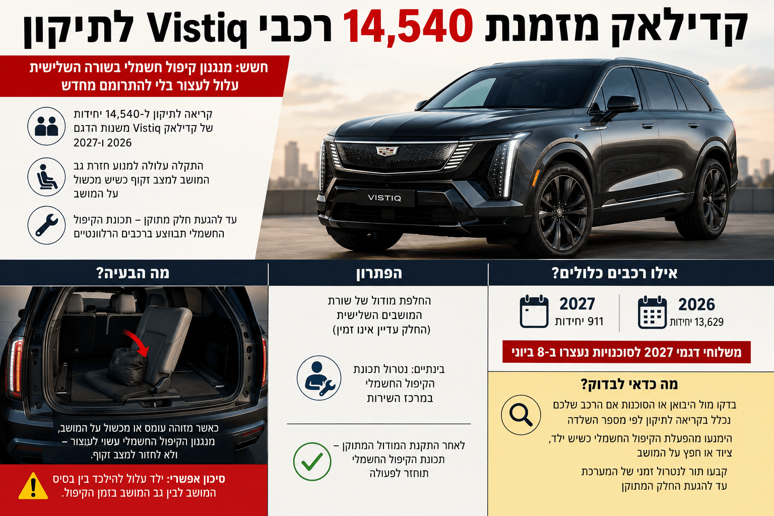 קדילאק Vistiq מוצגת באינפוגרפיקה על קריאה לתיקון בשל תקלה אפשרית במנגנון הקיפול החשמלי של מושבי השורה השלישית.