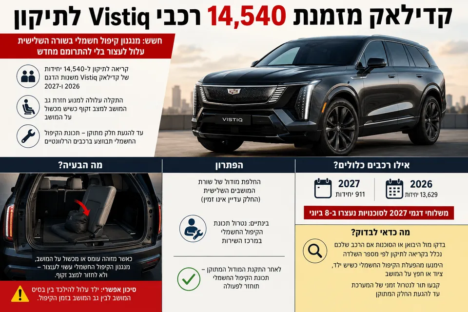 קדילאק Vistiq מוצגת באינפוגרפיקה על קריאה לתיקון בשל תקלה אפשרית במנגנון הקיפול החשמלי של מושבי השורה השלישית.